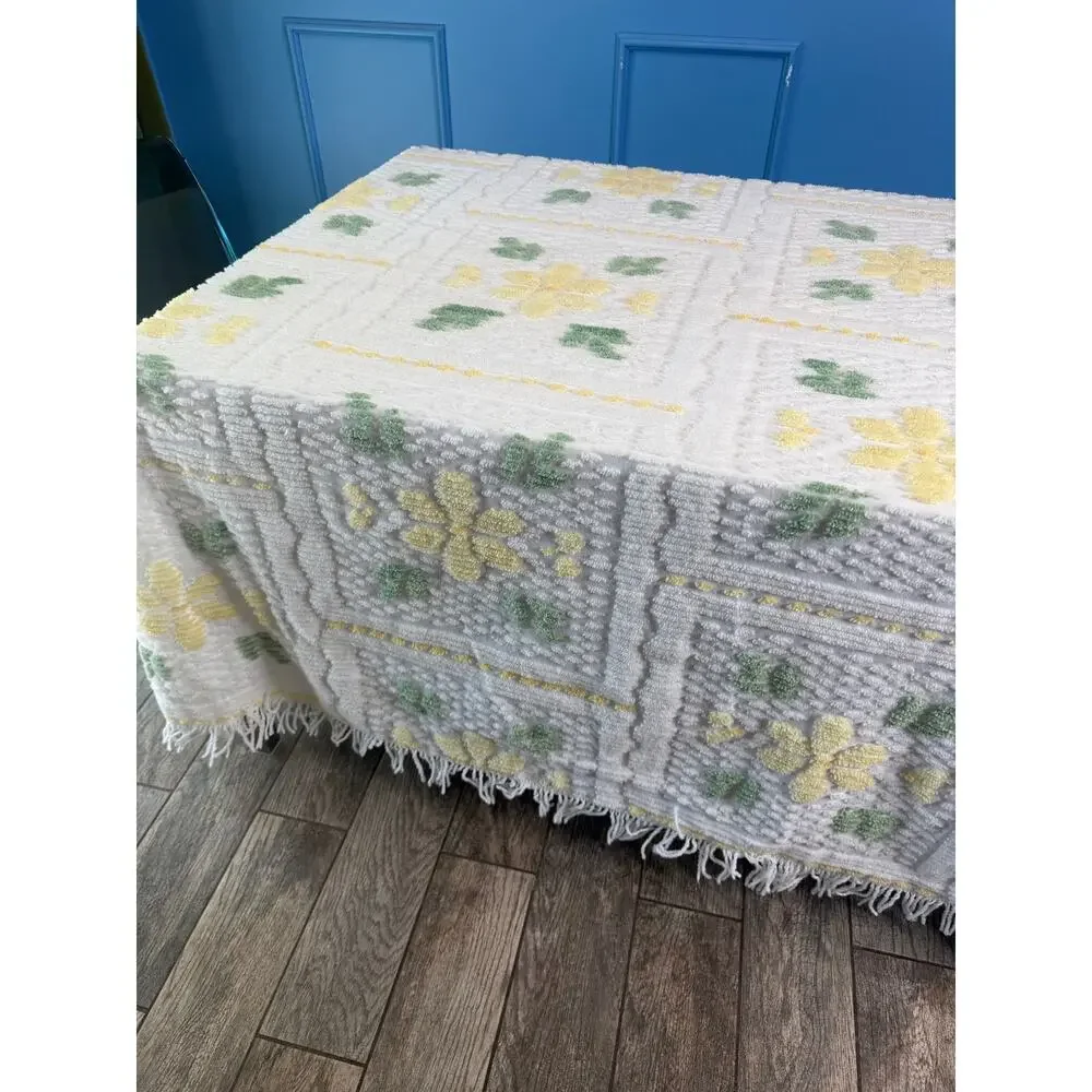 Vtg Chenile Bedspread Soft Yellow White Fringe Queen Full Double